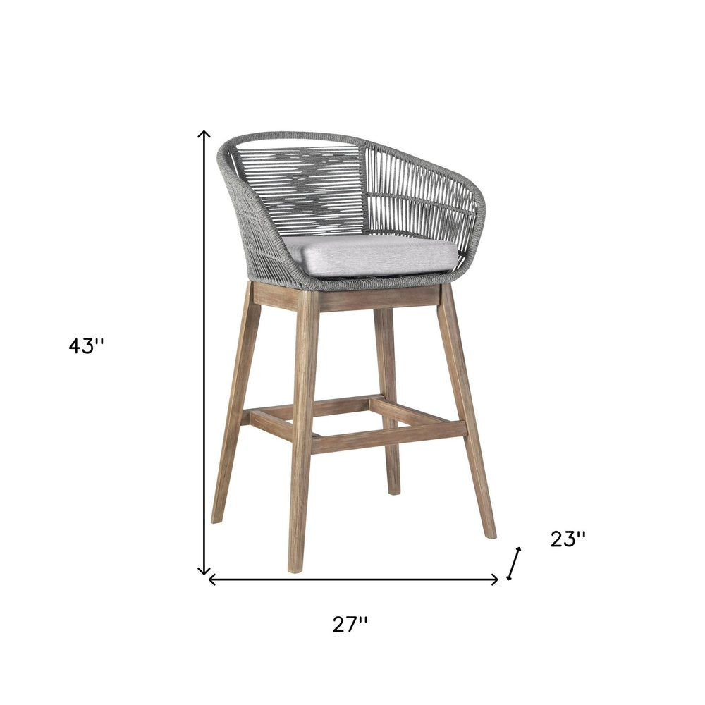 43" Gray Solid Wood Low back Outdoor Bar Height chair with Footrest. Outdoor bar chair isolated on a plain white background, showing a gray wood surface.