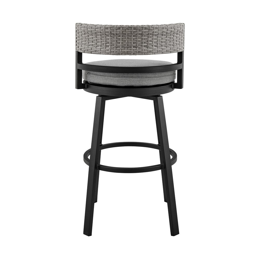 33" Light Gray Metal Swivel Low back Outdoor Bar Height chair with Footrest. Outdoor bar chair isolated on a plain white background, in a light gray metal finish.
