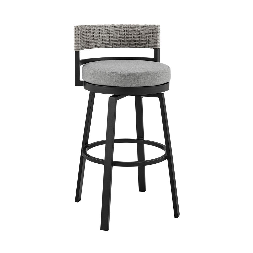 Gray upholstered swivel bar stool with a woven gray back and black metal frame and legs.