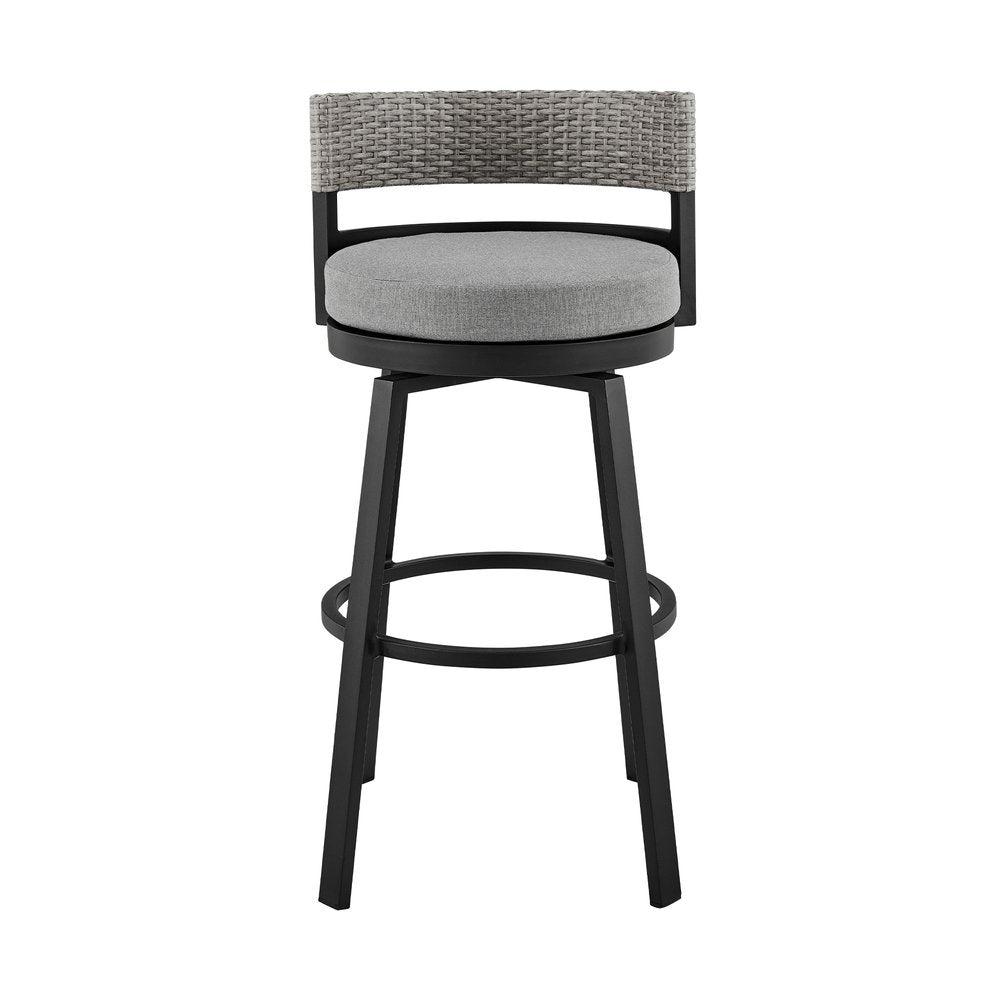 38" Light Gray Metal Swivel Low back Outdoor Bar Height chair with Footrest. Outdoor bar chair isolated on a plain white background, in a light gray metal finish.