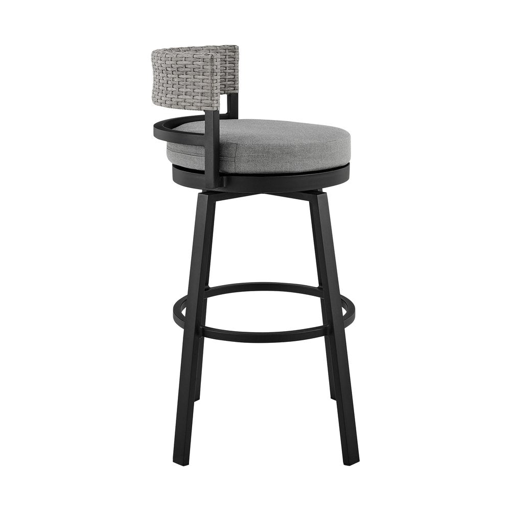 38" Light Gray Metal Swivel Low back Outdoor Bar Height chair with Footrest. Outdoor bar chair isolated on a plain white background, showing a light gray metal surface.