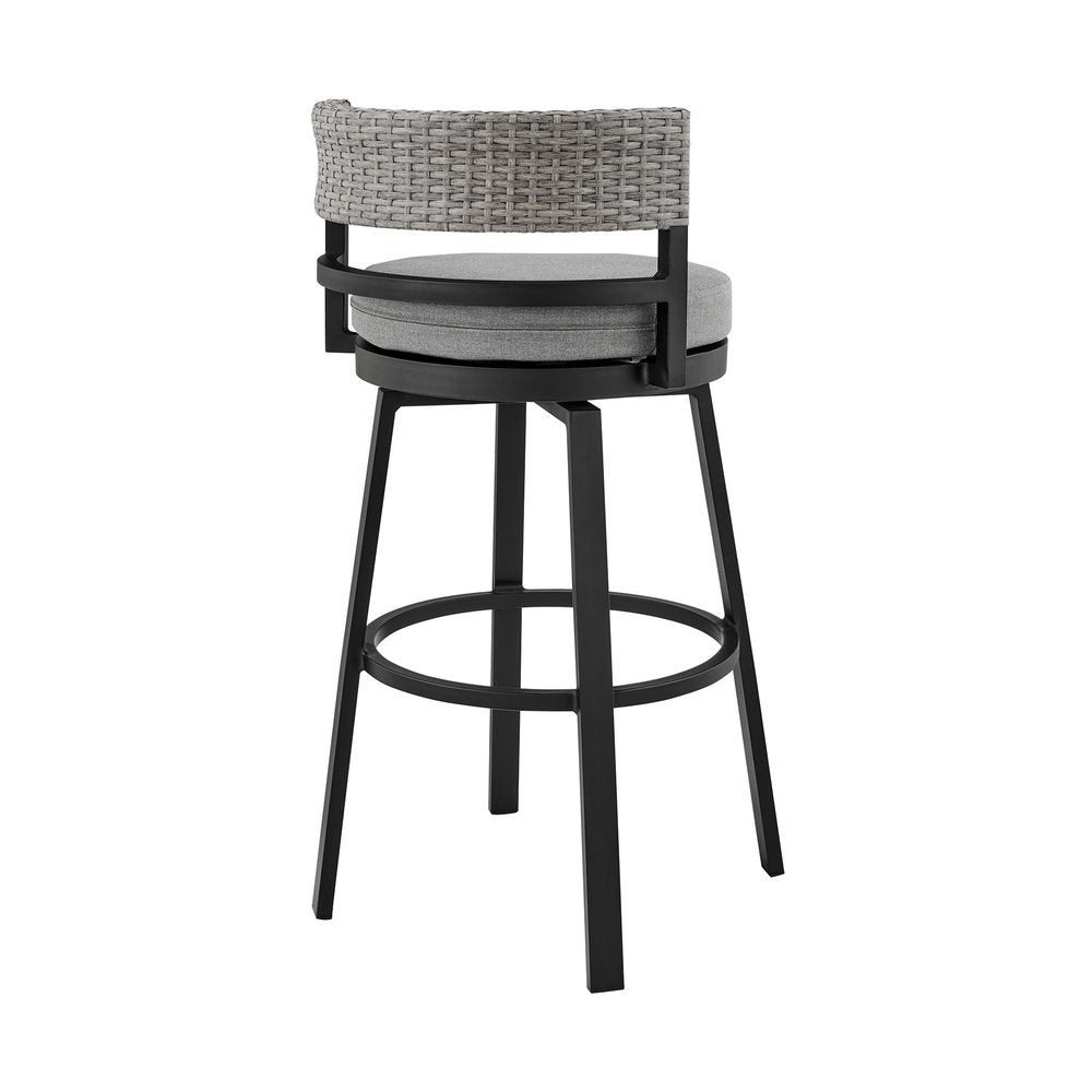 38" Light Gray Metal Swivel Low back Outdoor Bar Height chair with Footrest. Outdoor bar chair isolated on a plain white background, in a light gray metal finish.