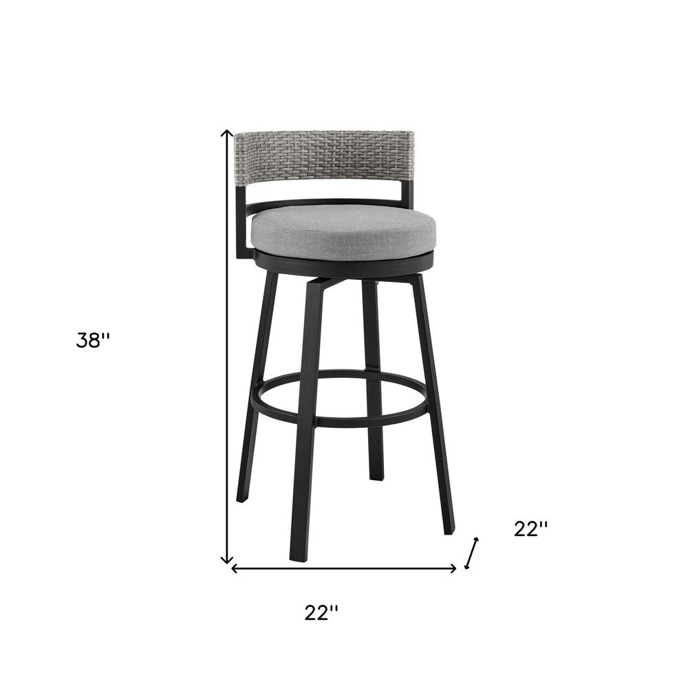 38" Light Gray Metal Swivel Low back Outdoor Bar Height chair with Footrest. Outdoor bar chair isolated on a plain white background, showing a light gray metal surface.