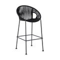 40" Black Metal Low back Outdoor Counter Height Bar chair with Footrest. Outdoor bar chair isolated on a plain white background, finished in black metal.