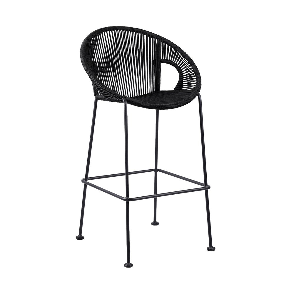 40" Black Metal Low back Outdoor Counter Height Bar chair with Footrest. Outdoor bar chair isolated on a plain white background, finished in black metal.