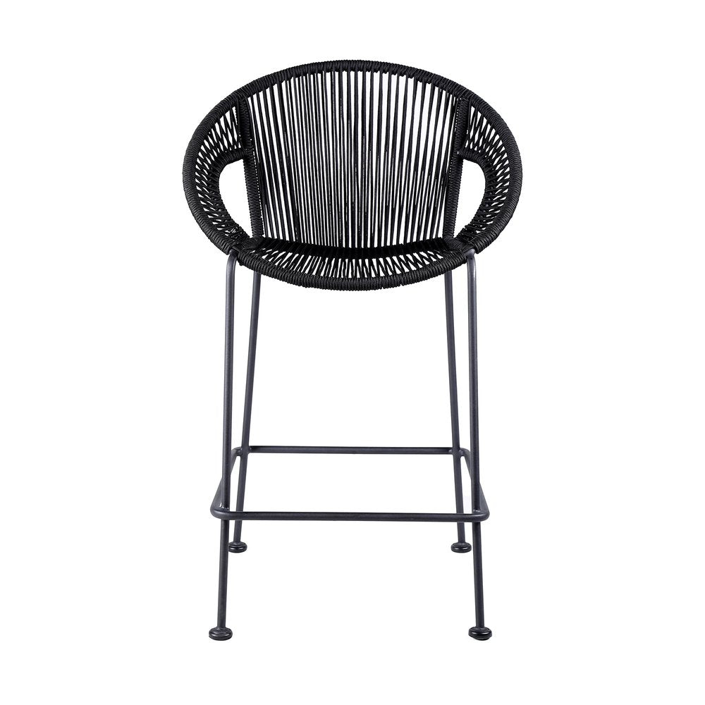 40" Black Metal Low back Outdoor Counter Height Bar chair with Footrest. Outdoor bar chair isolated on a plain white background, showing a black metal surface.