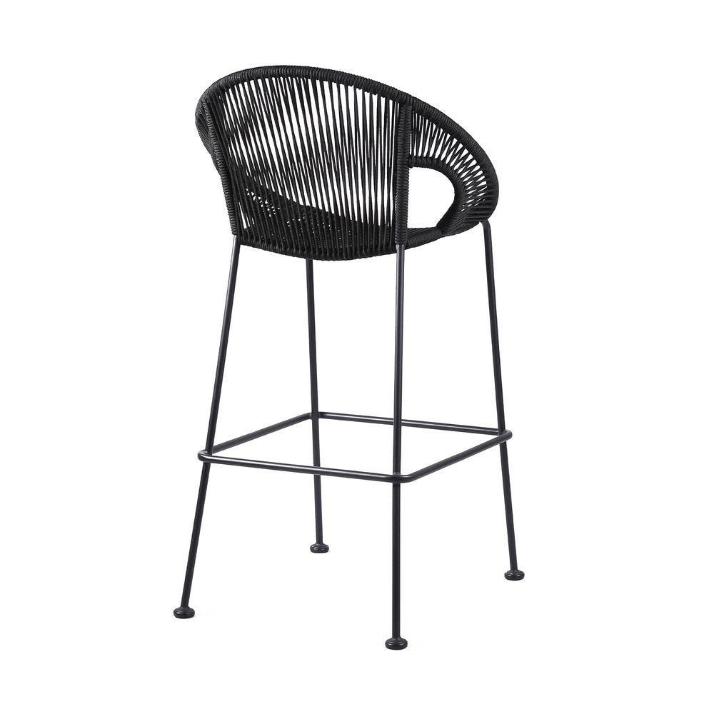 40" Black Metal Low back Outdoor Counter Height Bar chair with Footrest. Outdoor bar chair isolated on a plain white background, finished in black metal.
