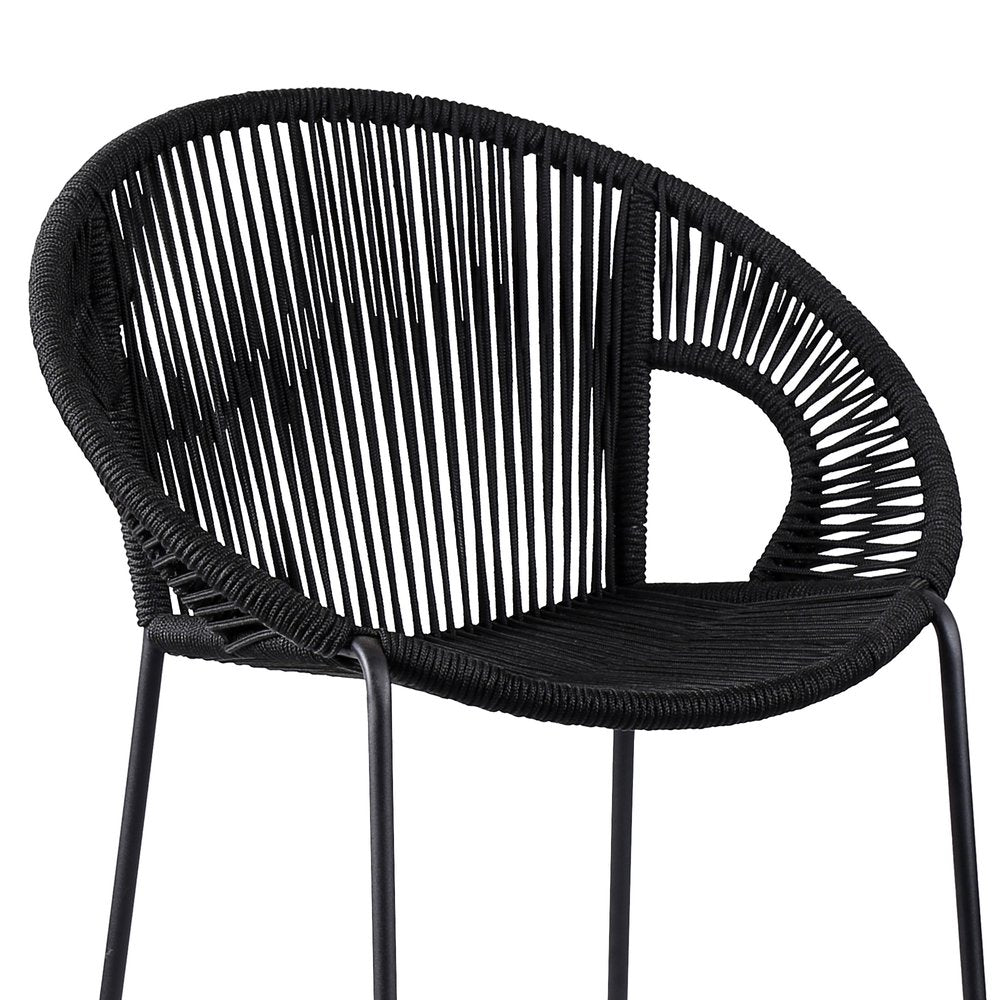40" Black Metal Low back Outdoor Counter Height Bar chair with Footrest. Outdoor bar chair isolated on a plain white background, showing a black metal surface.