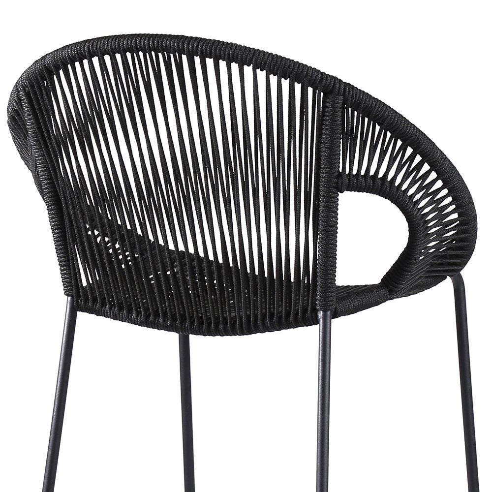 40" Black Metal Low back Outdoor Counter Height Bar chair with Footrest. Outdoor bar chair isolated on a plain white background, in a black metal finish.