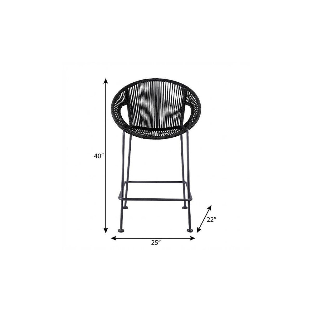 40" Black Metal Low back Outdoor Counter Height Bar chair with Footrest. Outdoor bar chair isolated on a plain white background, finished in black metal.