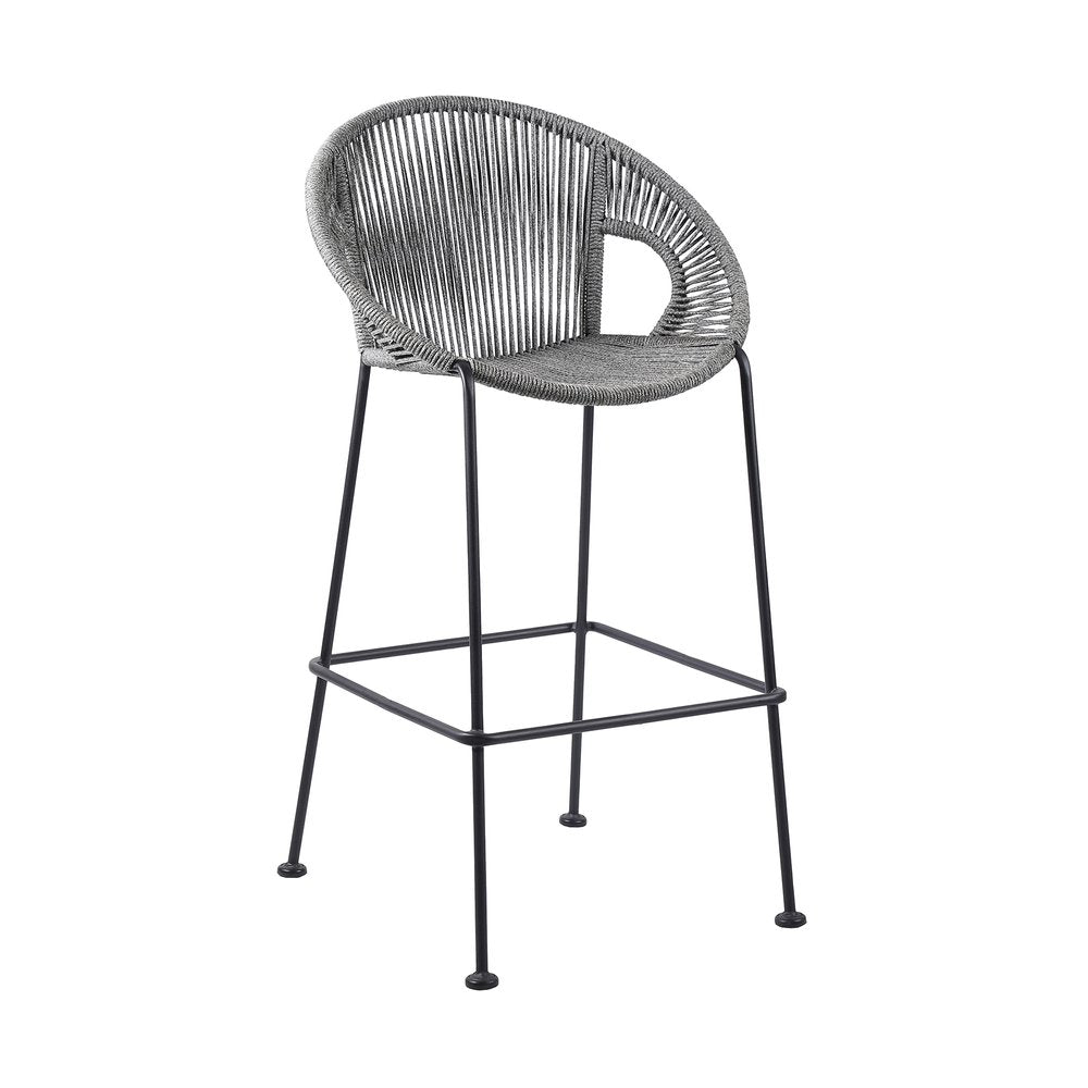 Gray woven round seat bar stool with black metal legs and footrest on a white background.