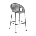 40" Light Gray Metal Low back Outdoor Counter Height Bar chair with Footrest. Outdoor bar chair isolated on a plain white background, finished in light gray metal.
