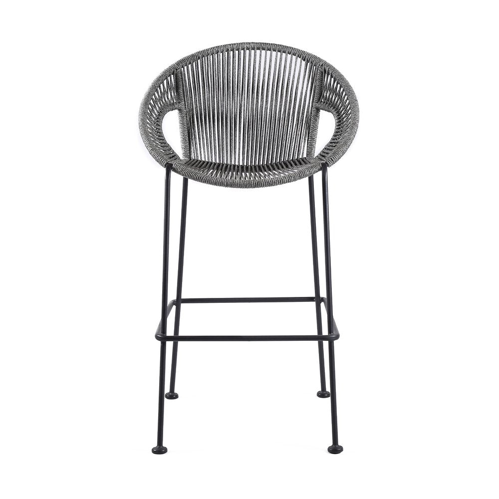 40" Light Gray Metal Low back Outdoor Counter Height Bar chair with Footrest. Outdoor bar chair isolated on a plain white background, showing a light gray metal surface.