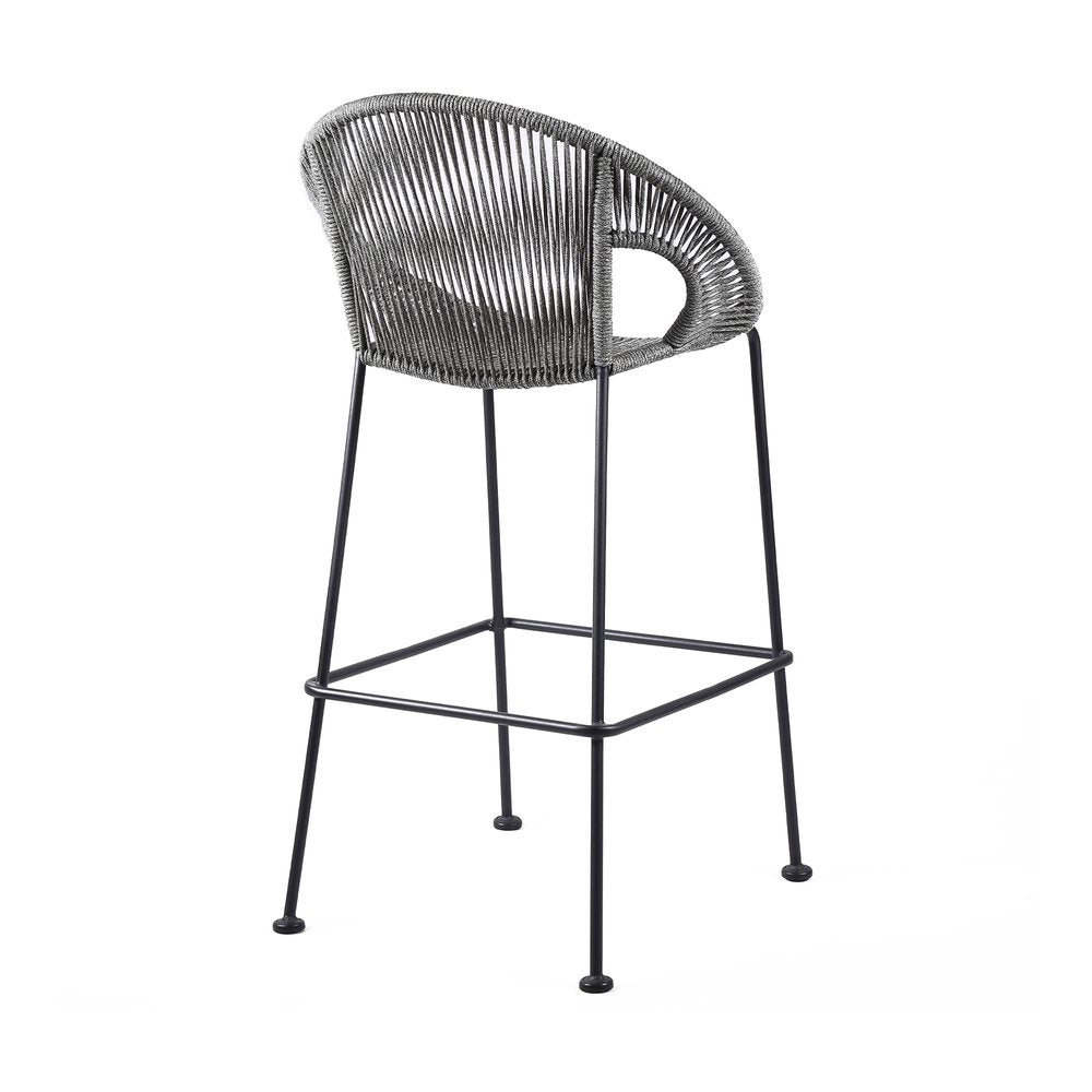 40" Light Gray Metal Low back Outdoor Counter Height Bar chair with Footrest. Outdoor bar chair isolated on a plain white background, finished in light gray metal.