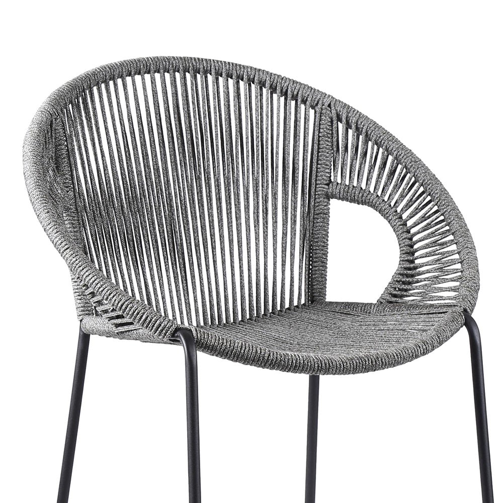 40" Light Gray Metal Low back Outdoor Counter Height Bar chair with Footrest. Outdoor bar chair isolated on a plain white background, showing a light gray metal surface.