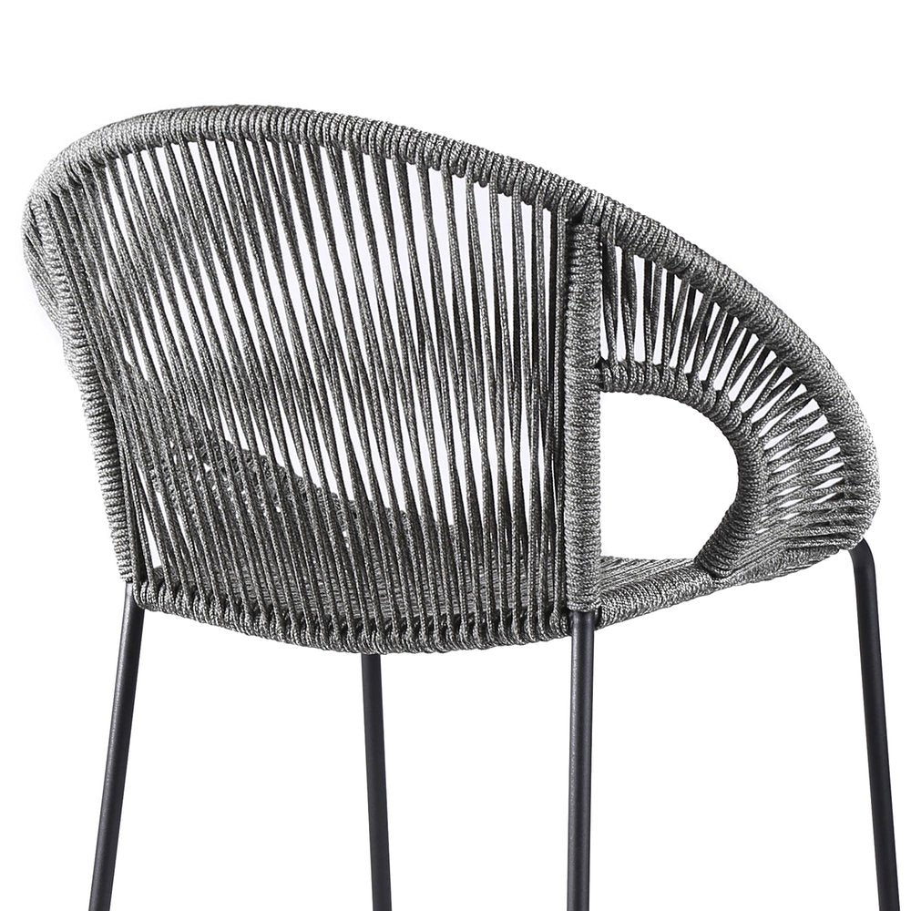 40" Light Gray Metal Low back Outdoor Counter Height Bar chair with Footrest. Outdoor bar chair isolated on a plain white background, in a light gray metal finish.