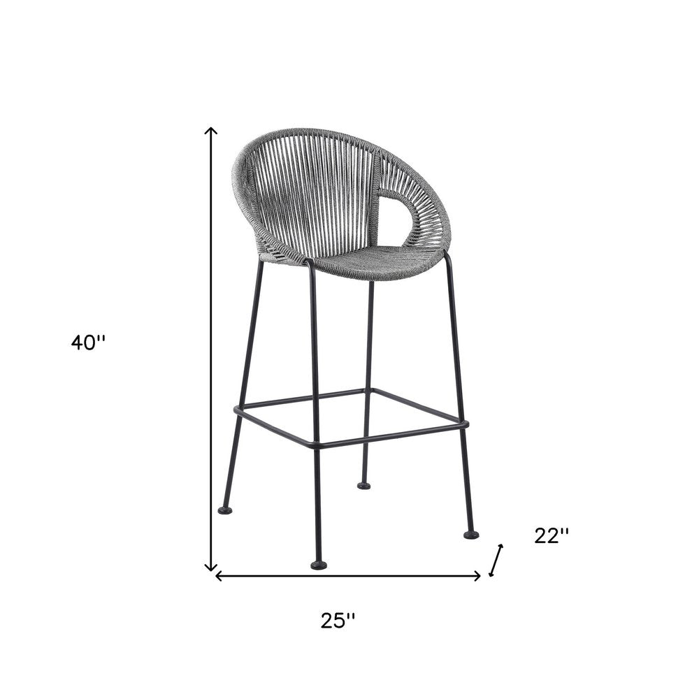 40" Light Gray Metal Low back Outdoor Counter Height Bar chair with Footrest. Outdoor bar chair isolated on a plain white background, finished in light gray metal.