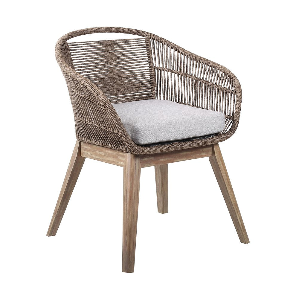 27" Gray and Natural Wood Solid Wood Outdoor Dining Chair with Gray Cushion. Outdoor chair isolated on a plain white background, finished in gray wood.