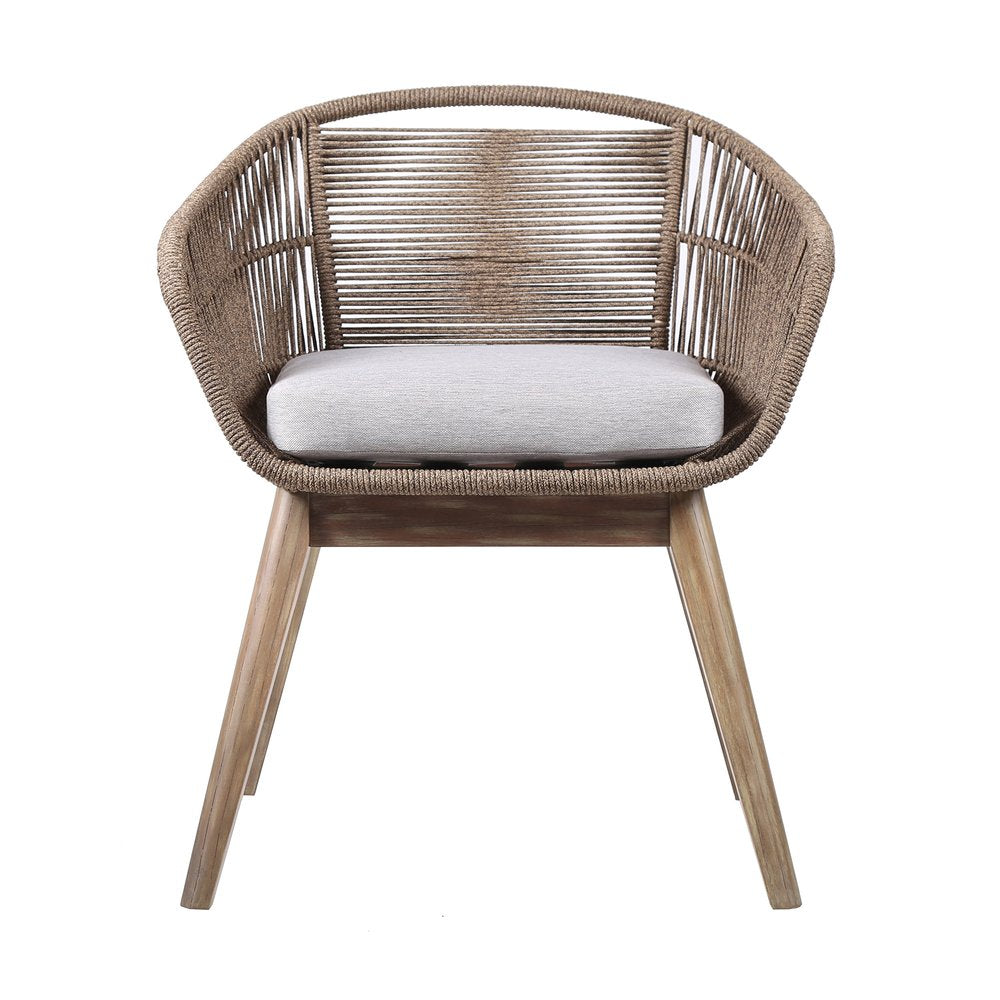 27" Gray and Natural Wood Solid Wood Outdoor Dining Chair with Gray Cushion. Outdoor chair isolated on a plain white background, showing a gray wood surface.