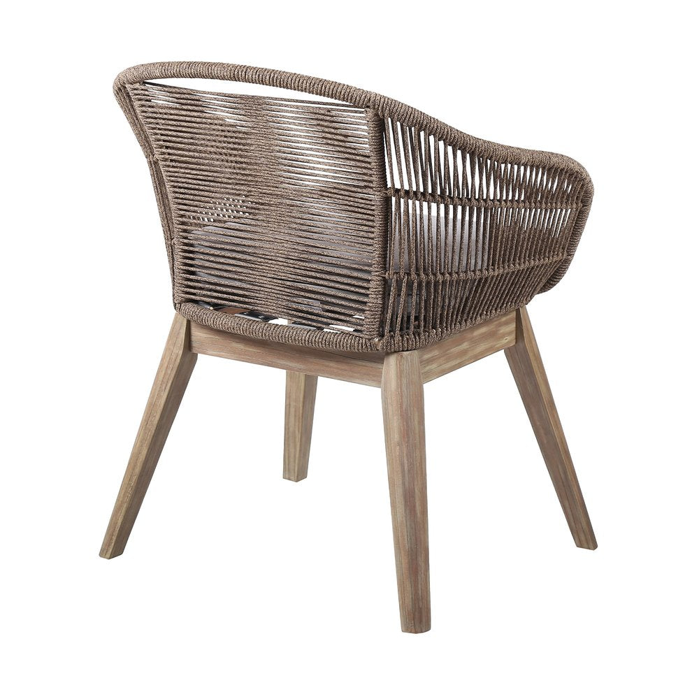 27" Gray and Natural Wood Solid Wood Outdoor Dining Chair with Gray Cushion. Outdoor chair isolated on a plain white background, finished in brown wood.