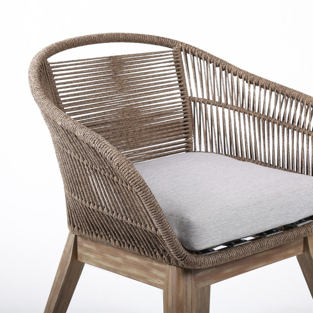 27" Gray and Natural Wood Solid Wood Outdoor Dining Chair with Gray Cushion. Outdoor chair isolated on a plain white background, showing a gray wood surface.