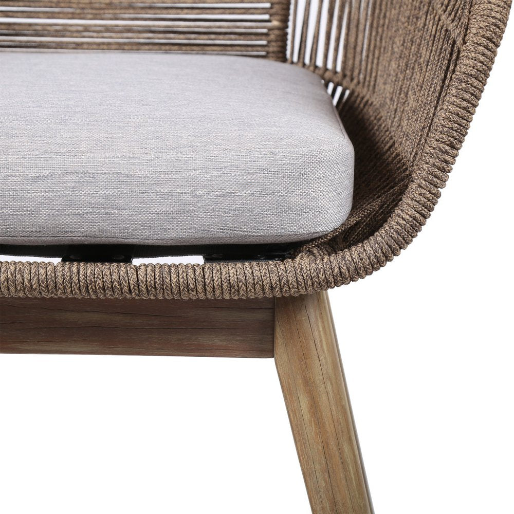 27" Gray and Natural Wood Solid Wood Outdoor Dining Chair with Gray Cushion. Outdoor chair isolated on a plain white background, in a gray wood finish.
