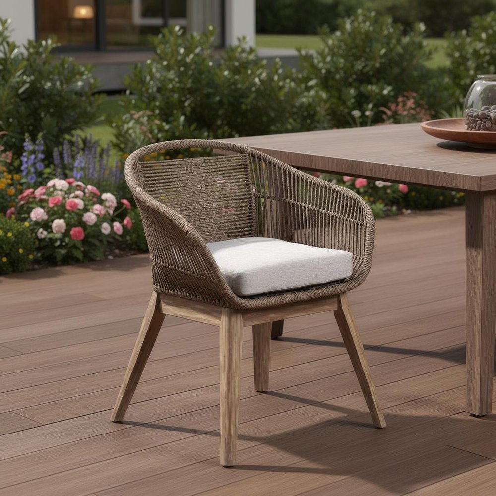 27" Gray and Natural Wood Solid Wood Outdoor Dining Chair with Gray Cushion