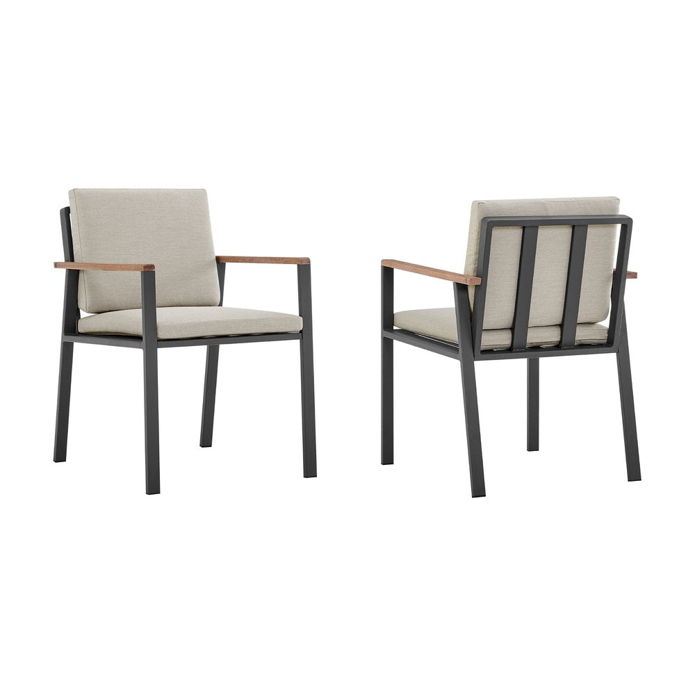 Set of Two 22" Light Gray Solid Wood Outdoor Dining Chair with Taupe Cushion on a white background