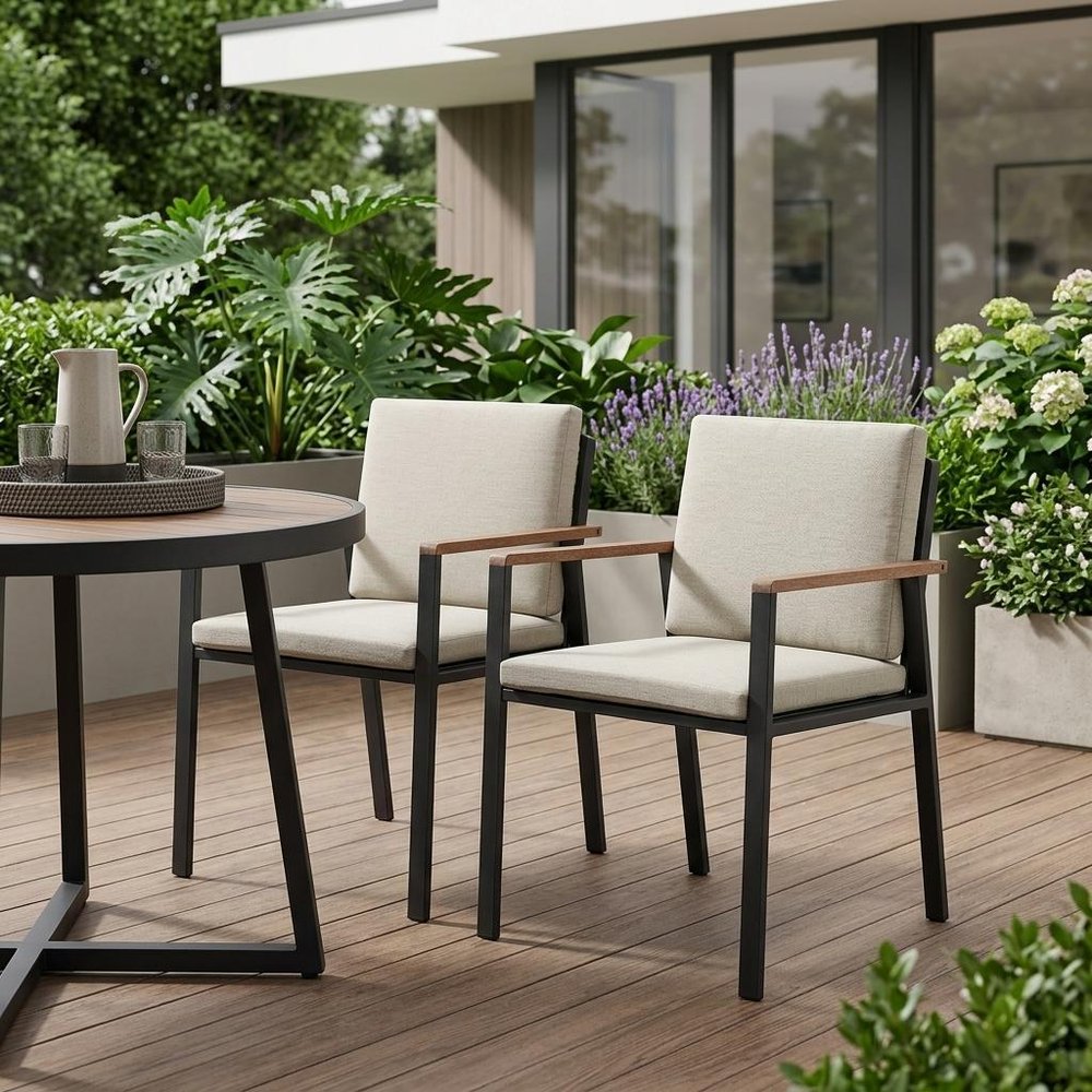 Set of Two 22" Light Gray Solid Wood Outdoor Dining Chair with Taupe Cushion