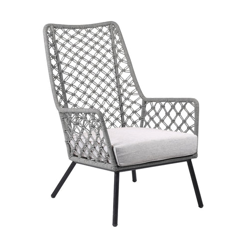 Gray woven rope dining chair with a gray cushion and black steel legs on a white background.