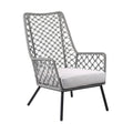 26" Gray and Black Steel Indoor Outdoor Dining Chair with Gray Cushion. Outdoor chair isolated on a plain white background, in a gray metal finish.