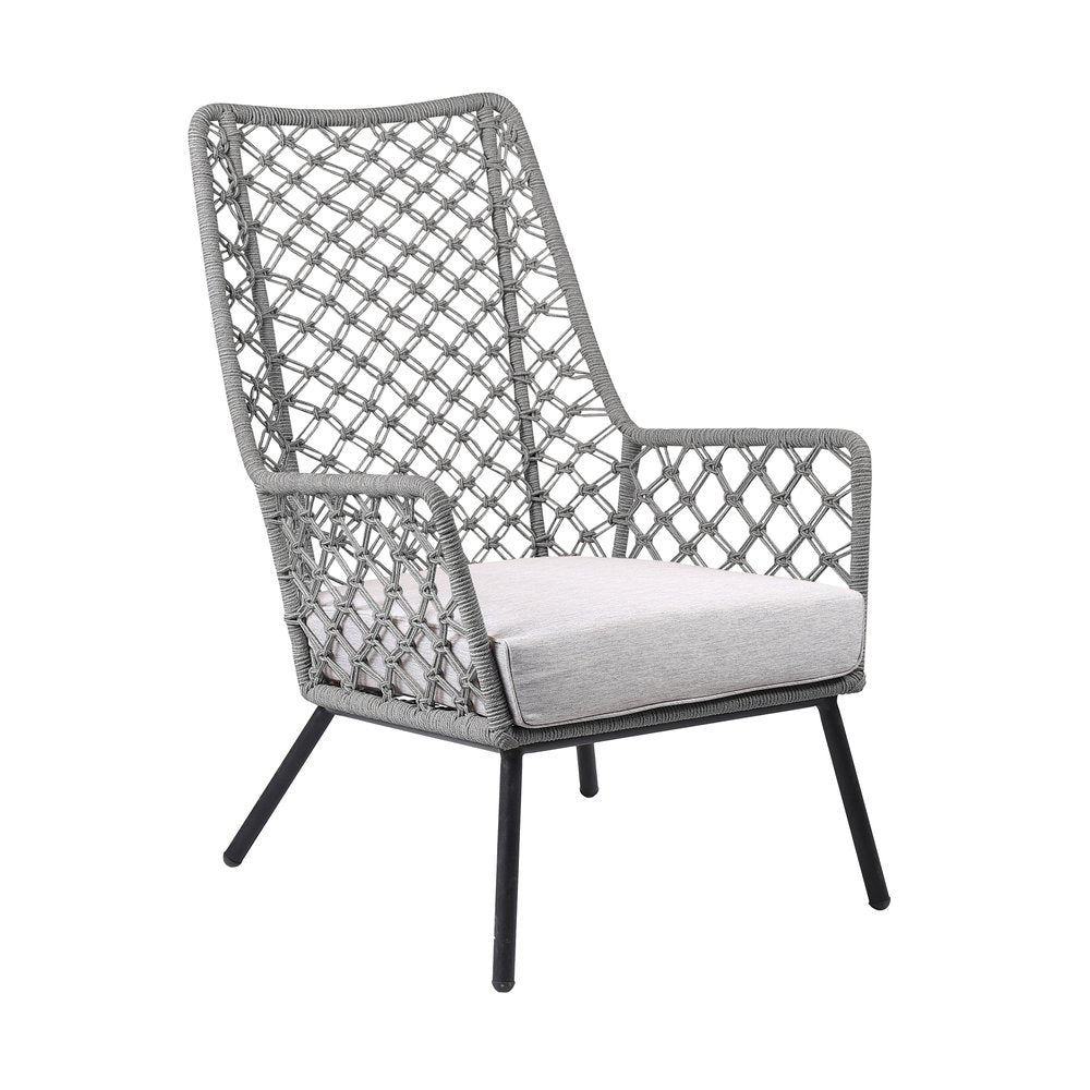 26" Gray and Black Steel Indoor Outdoor Dining Chair with Gray Cushion. Outdoor chair isolated on a plain white background, in a gray metal finish.