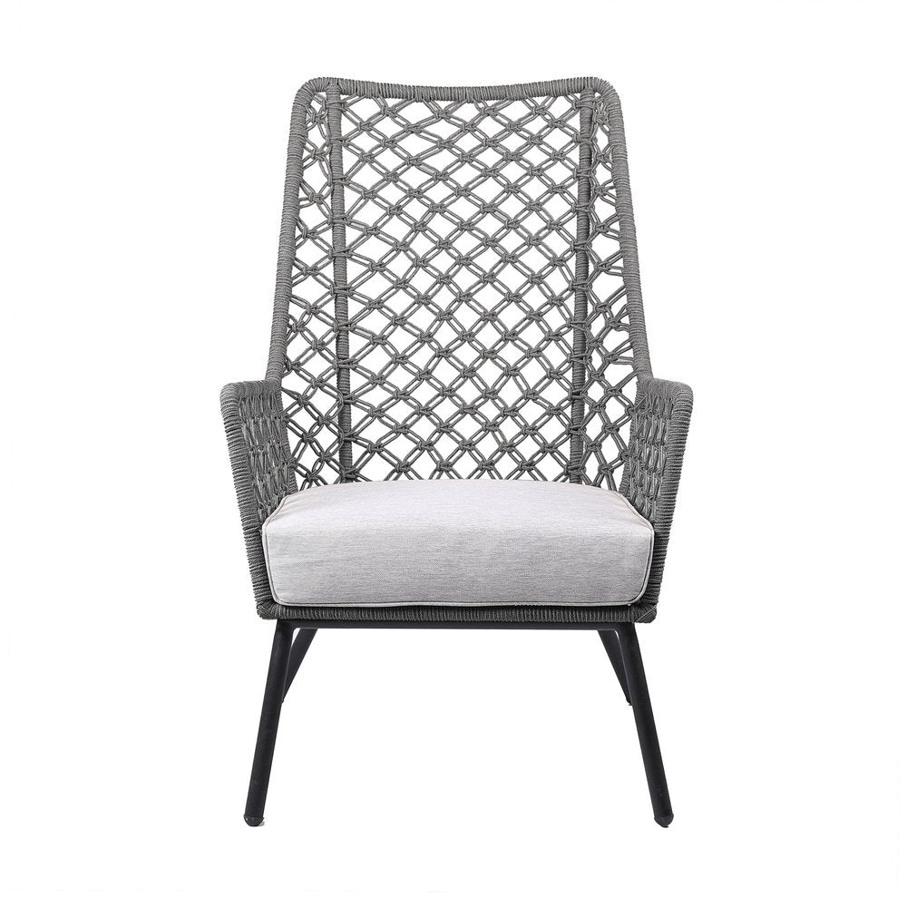 26" Gray and Black Steel Indoor Outdoor Dining Chair with Gray Cushion. Outdoor chair isolated on a plain white background, finished in gray metal.