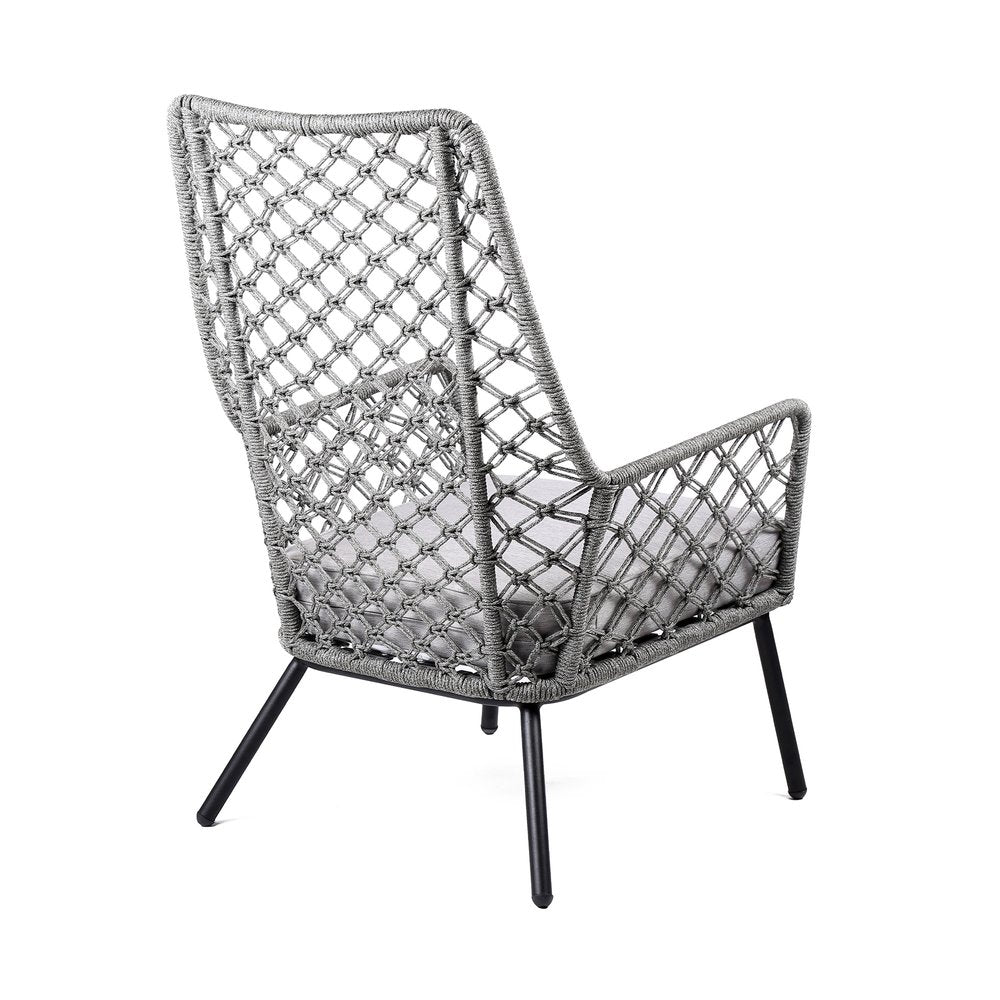 26" Gray and Black Steel Indoor Outdoor Dining Chair with Gray Cushion. Outdoor chair isolated on a plain white background, in a gray metal finish.