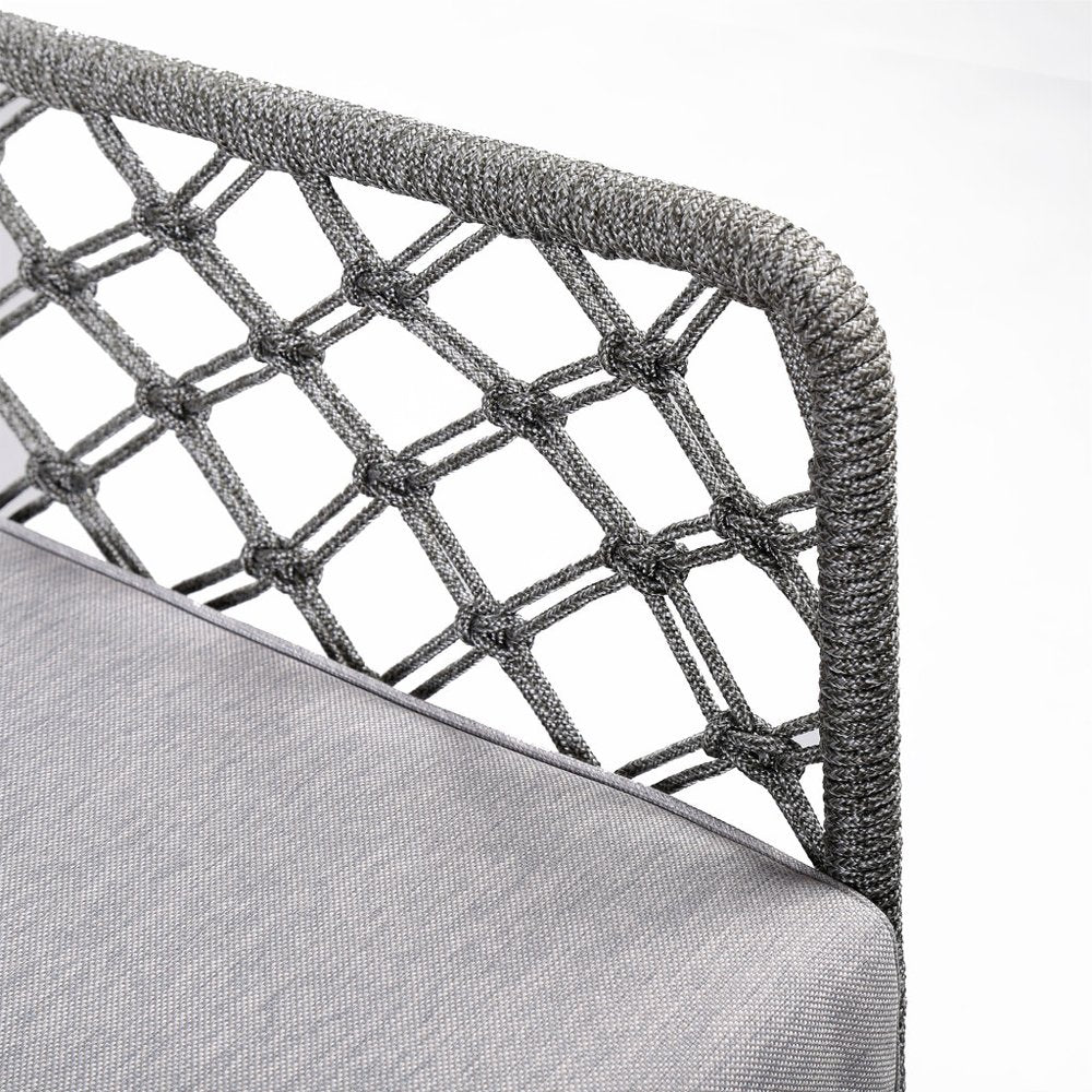 26" Gray and Black Steel Indoor Outdoor Dining Chair with Gray Cushion. Outdoor chair isolated on a plain white background, showing a black metal surface.