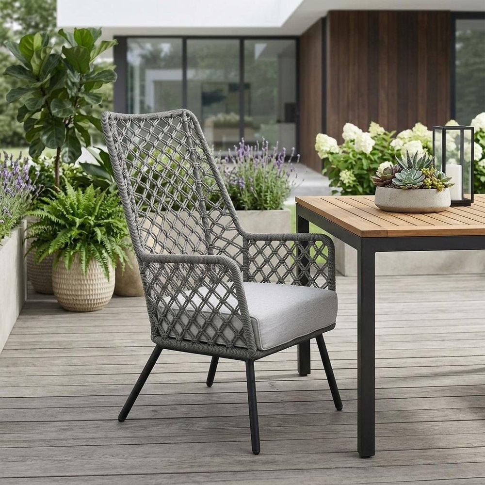 26" Gray and Black Steel Indoor Outdoor Dining Chair with Gray Cushion