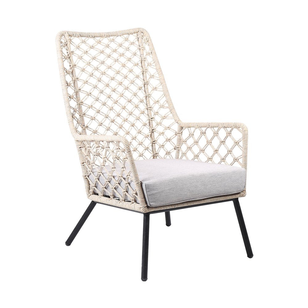 26" Gray Metal Outdoor Dining Chair with Gray Cushion. Outdoor chair isolated on a plain white background, finished in beige metal.