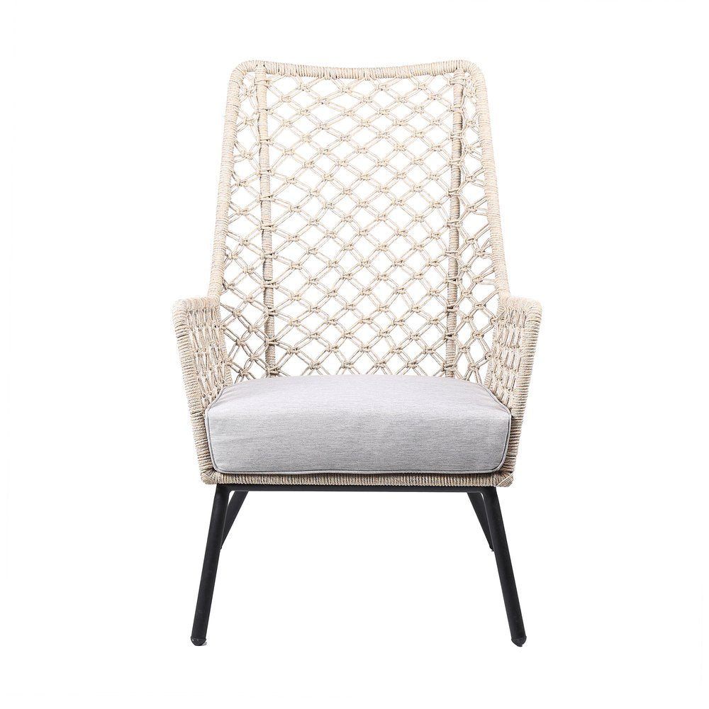 26" Gray Metal Outdoor Dining Chair with Gray Cushion. Outdoor chair isolated on a plain white background, showing a beige metal surface.