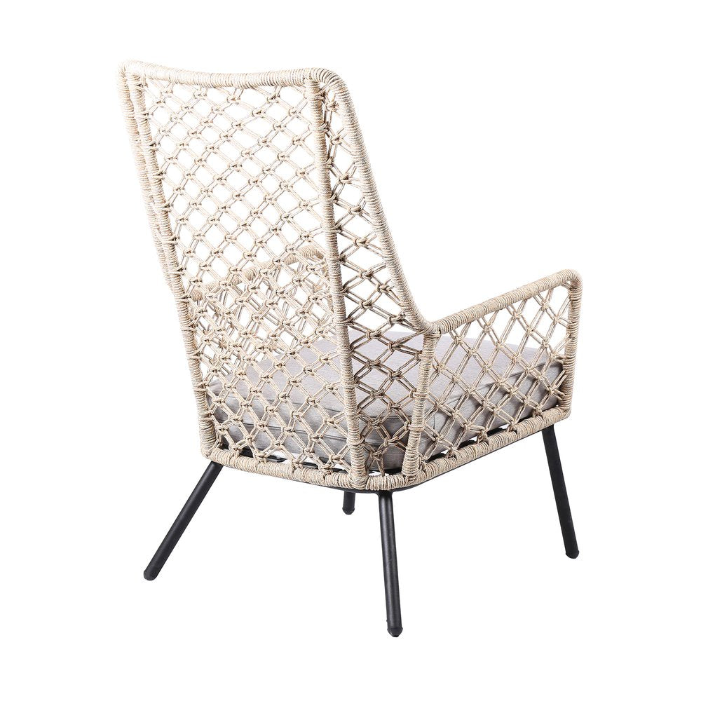 26" Gray Metal Outdoor Dining Chair with Gray Cushion. Outdoor chair isolated on a plain white background, in a beige metal finish.
