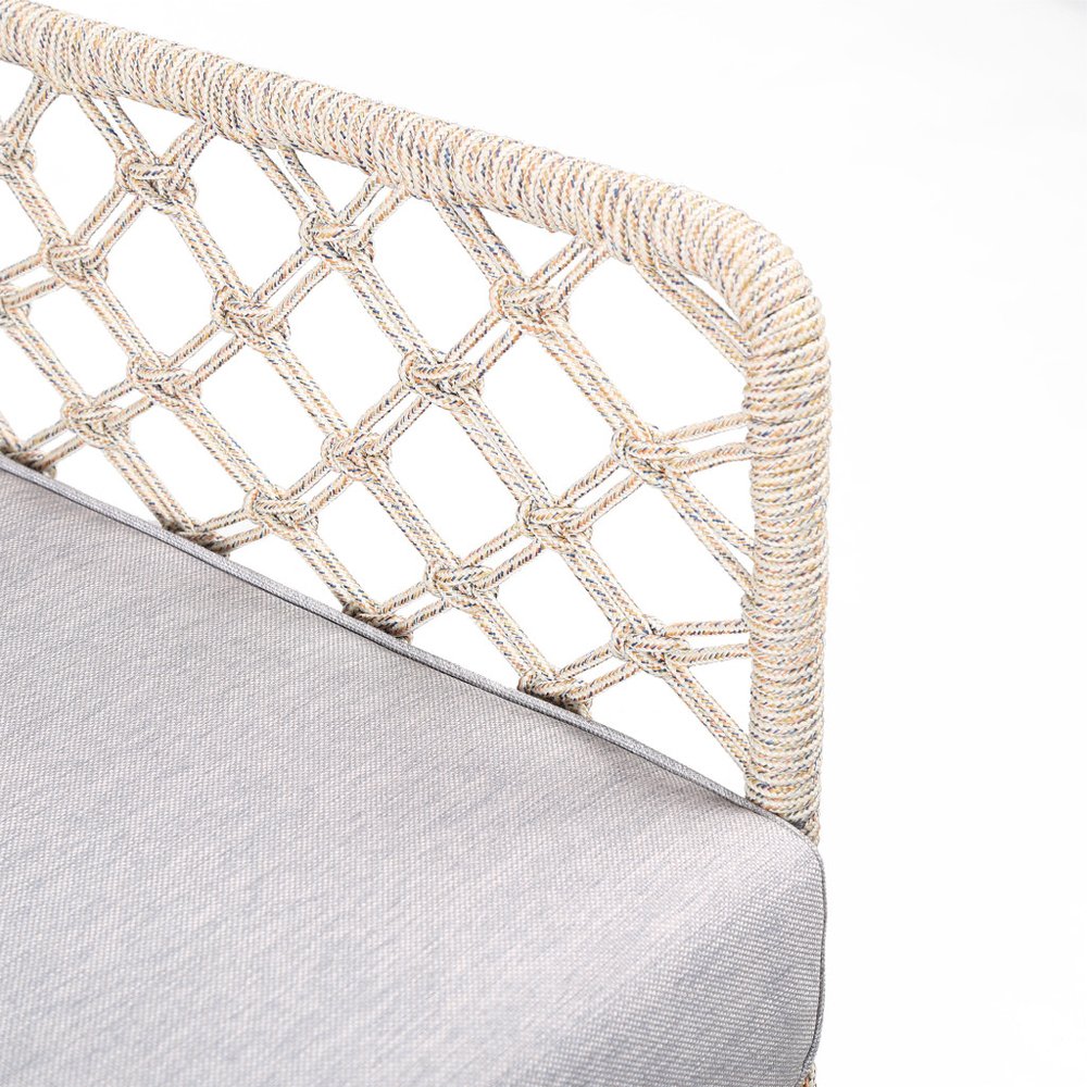 26" Gray Metal Outdoor Dining Chair with Gray Cushion. Outdoor chair isolated on a plain white background, in a beige metal finish.
