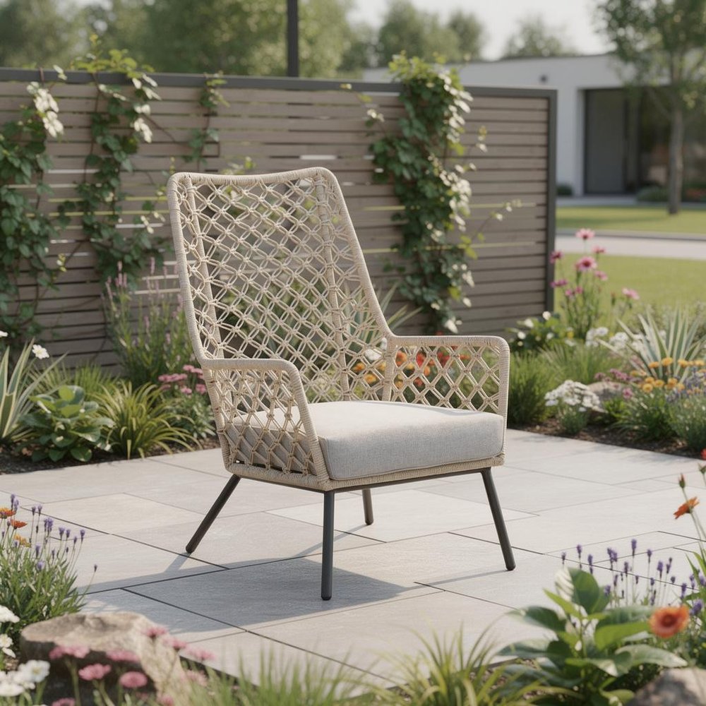 26" Gray Metal Outdoor Dining Chair with Gray Cushion. Outdoor chair in beige metal.
