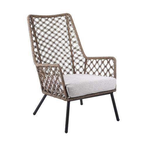 Gray outdoor armchair with woven rope back and arms, gray cushion, and black metal legs on a white background.