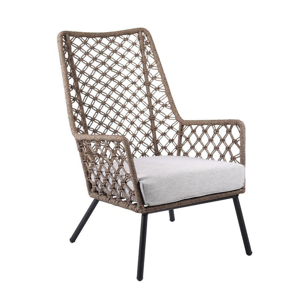 26" Gray Metal Outdoor Arm Chair with Gray Cushion. Outdoor chair isolated on a plain white background, finished in taupe metal.