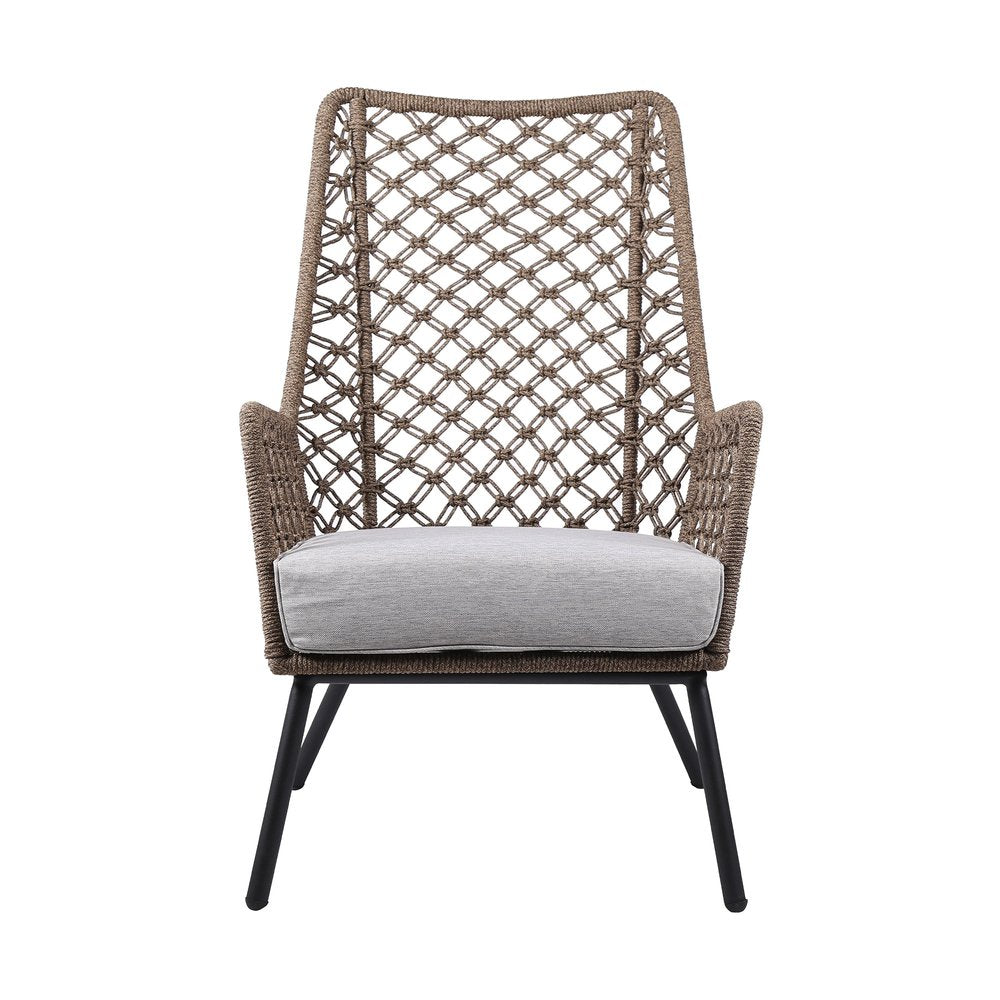 26" Gray Metal Outdoor Arm Chair with Gray Cushion. Outdoor chair isolated on a plain white background, showing a taupe metal surface.