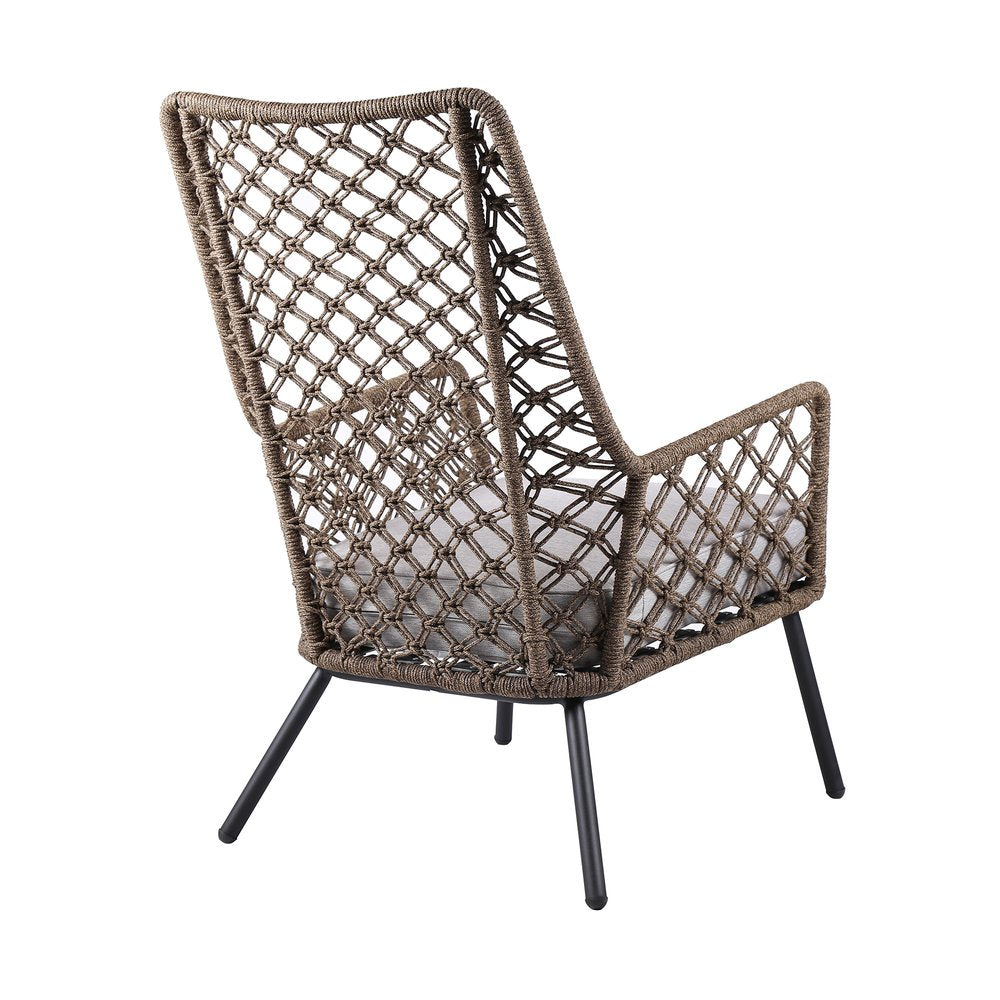 26" Gray Metal Outdoor Arm Chair with Gray Cushion. Outdoor chair isolated on a plain white background, finished in taupe metal.