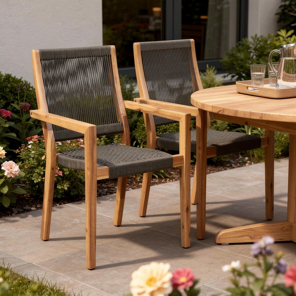 Set of Two 23" Charcoal and Natural Wood Solid Wood Outdoor Arm Chair