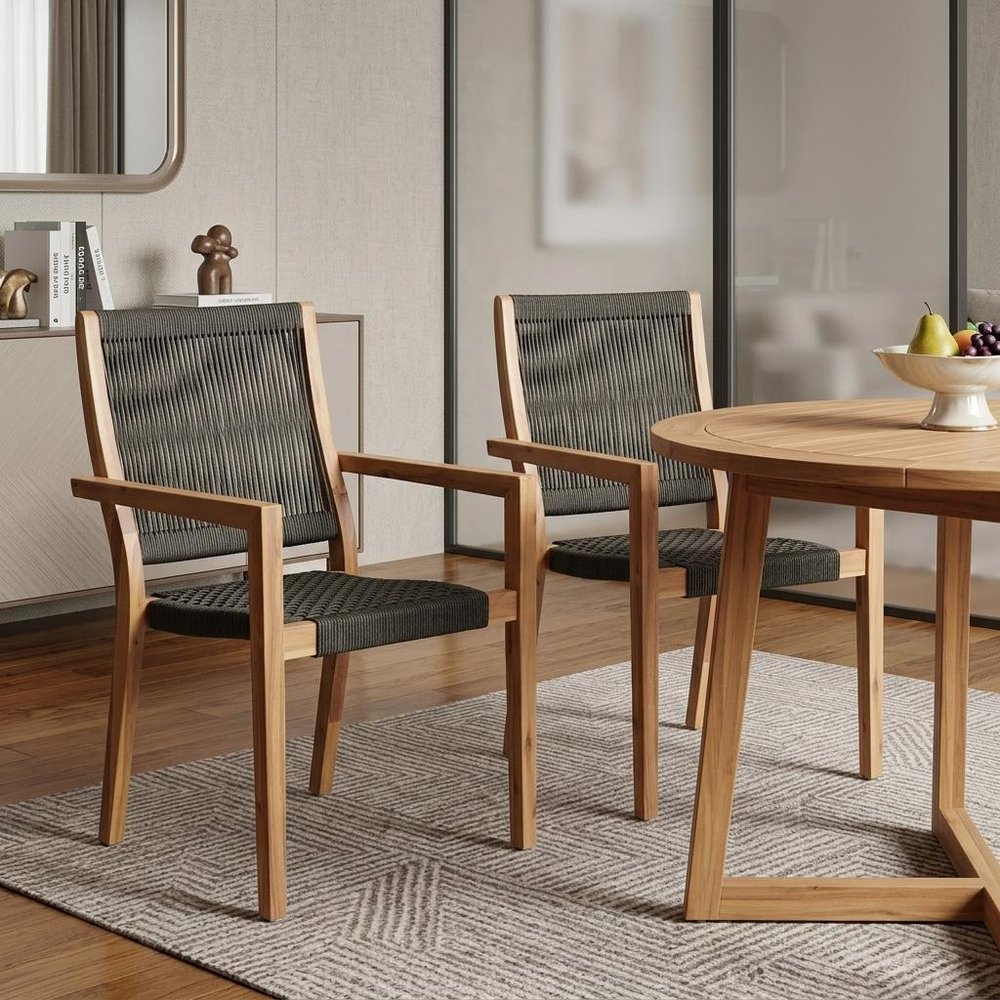 Set of Two 23" Charcoal and Natural Wood Solid Wood Outdoor Arm Chair
