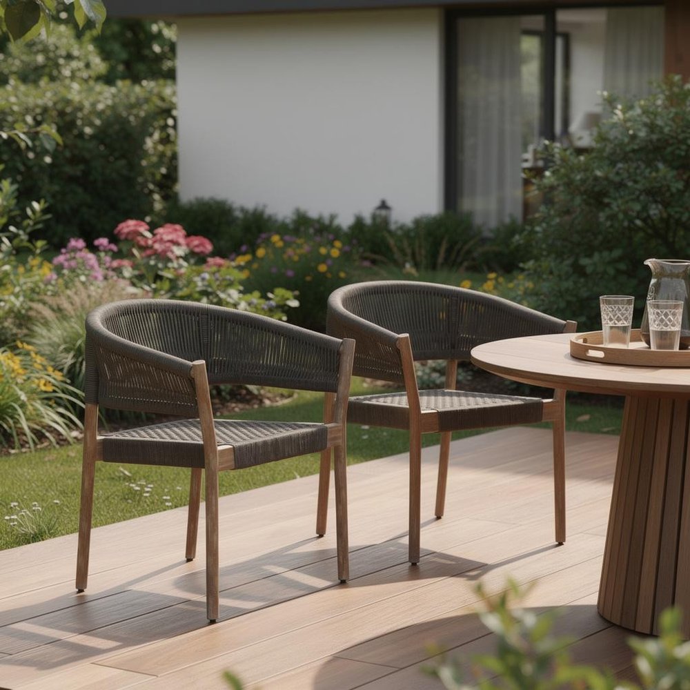 Set of Two 26" Black and Natural Wood Solid Wood Outdoor Dining Chair