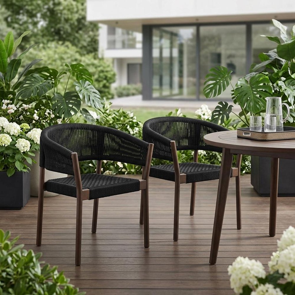 Set of Two 26" Black Solid Wood Outdoor Dining Chair