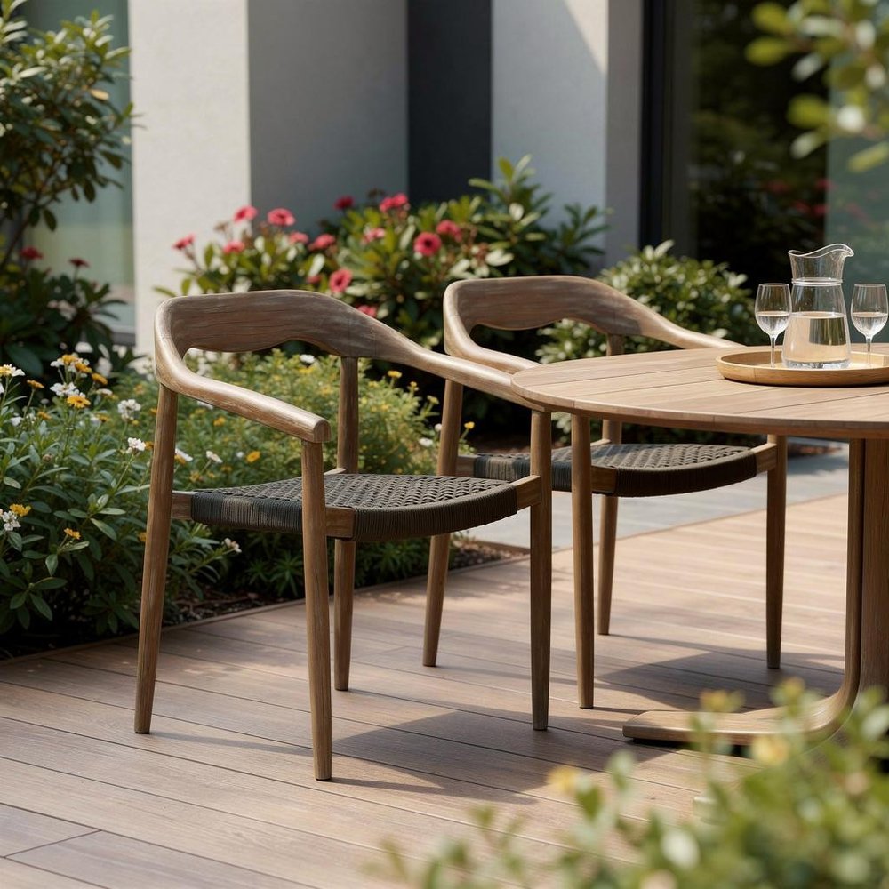 Set of Two 22" Black and Natural Wood Solid Wood Outdoor Dining Chairs